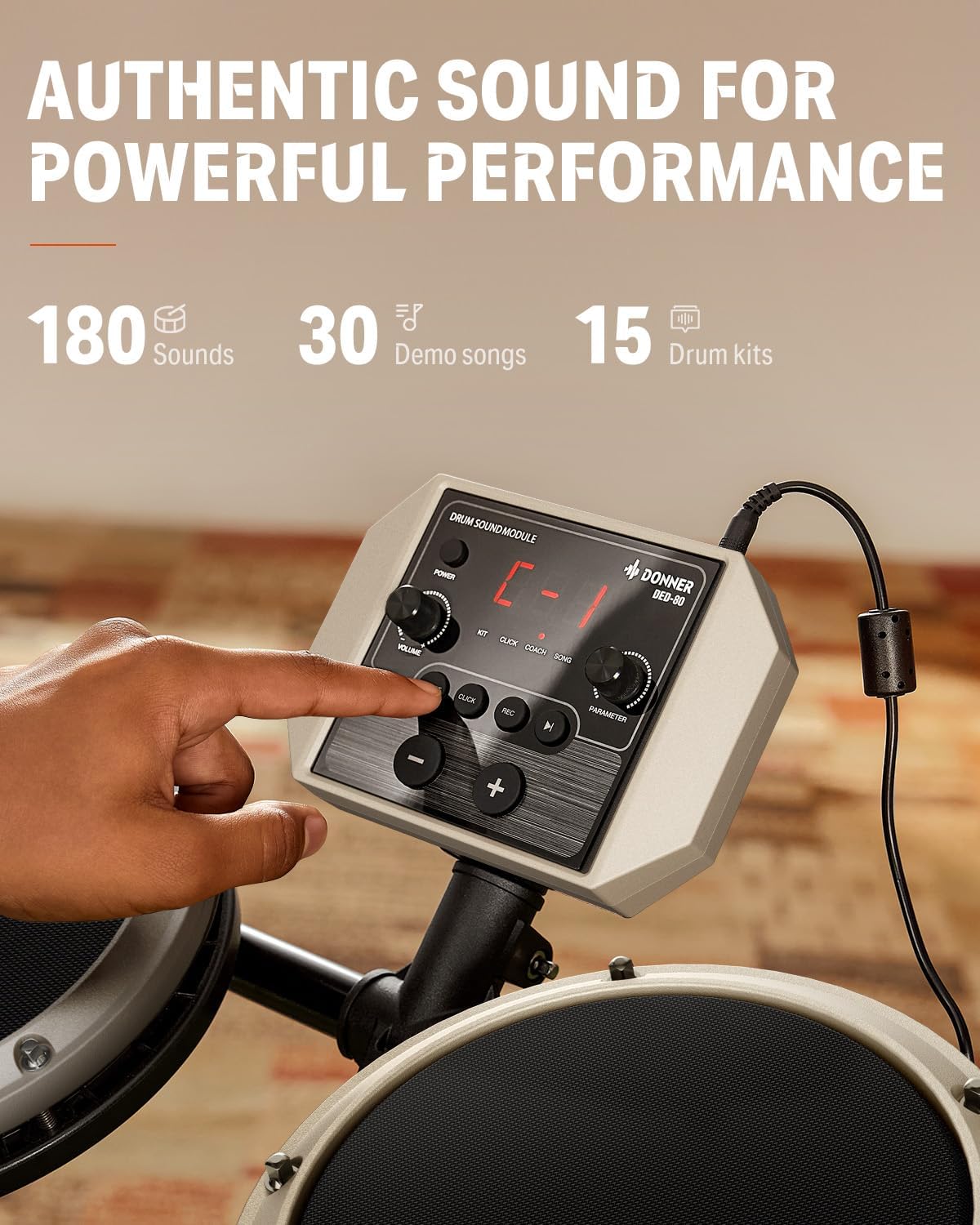 DED-80 Electric Drum Kit with 4 Quiet Mesh Pads, 180+ Sounds, 30 Demo Songs, 10" Cymbals, 2 Pedals, Throne
