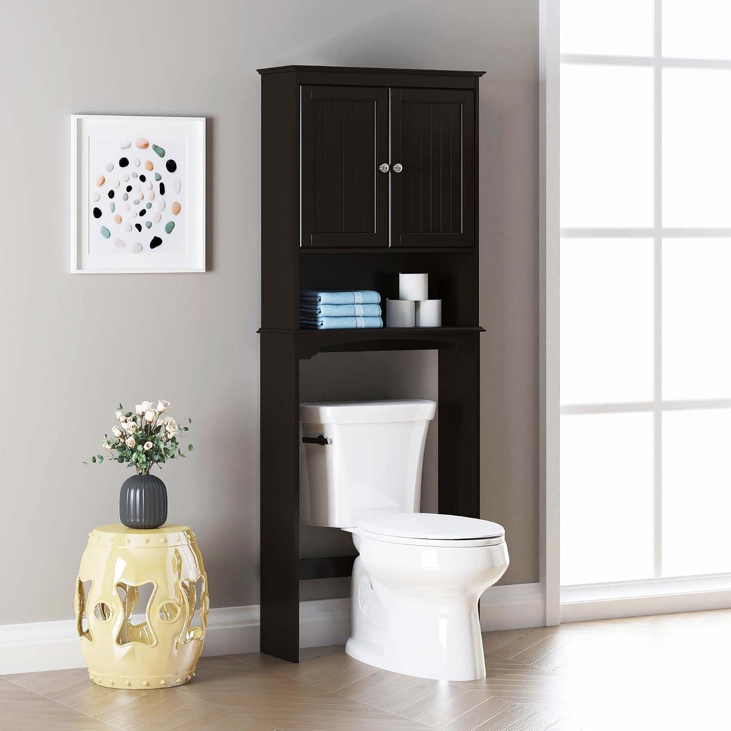 Over Toilet Storage Cabinet with Doors, Espresso Bathroom Organizer | FSC-Certified MDF, Raised Panel Doors