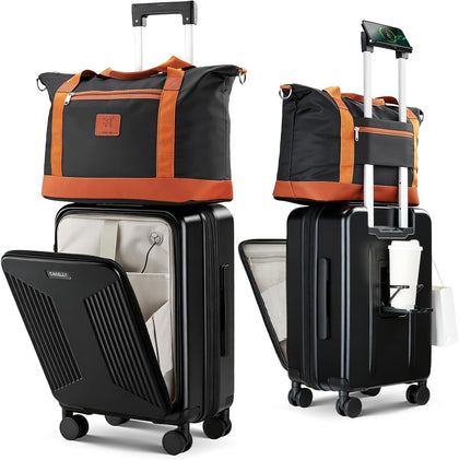 Carry on Luggage Top opening Suitcases, Expandable with Cup Holder and USB Charging Port,Lightweight with Front