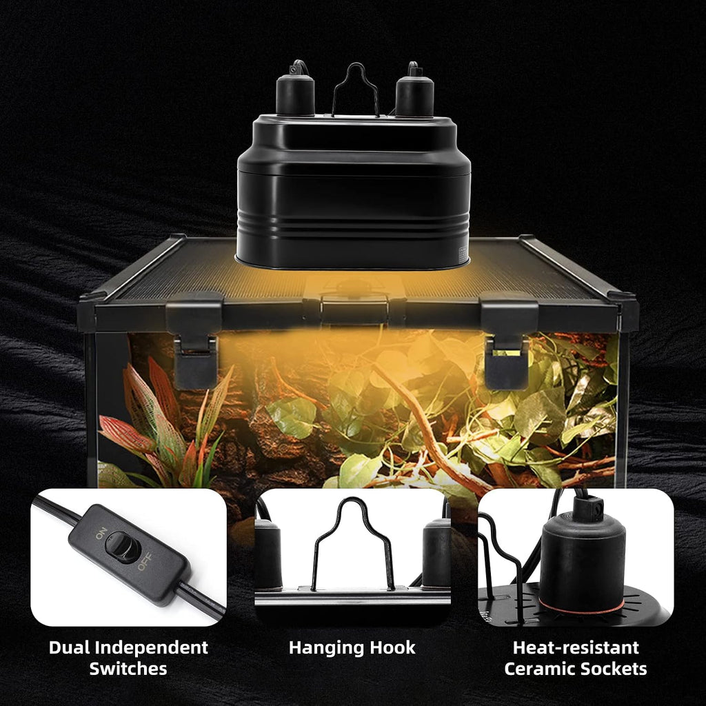Dual Reptile Lamp Fixture with Independent Switches, UVB & Basking Bulb Holder for Glass Terrarium Habitat - Reptile