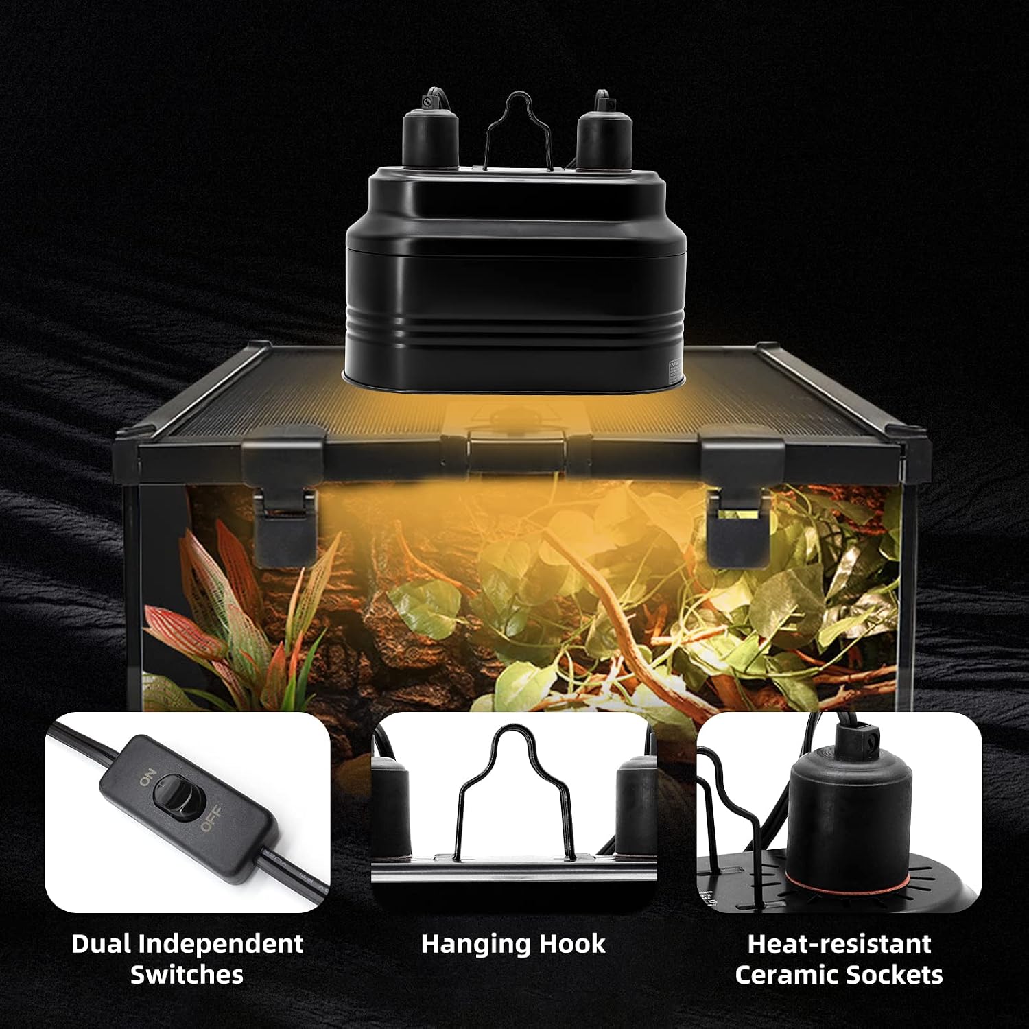Dual Reptile Lamp Fixture with Independent Switches, UVB & Basking Bulb Holder for Glass Terrarium Habitat - Reptile
