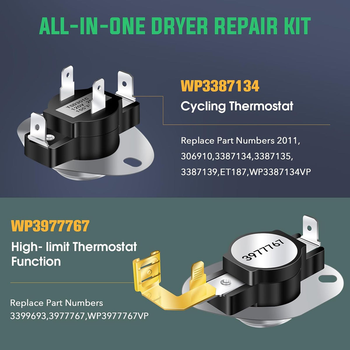 279838 Dryer Heating Element 3403585, 3387134 Cycling Thermostat, 3977767 High-limit Thermostat, 3977393 Thermal Cut-off Switch, 3392519 Thermal Fuse Replacement for Whirlpool & Kenmore Clothes Dryers
