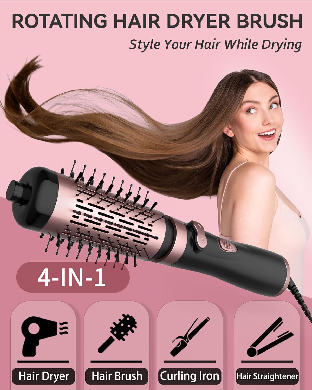 Rotating Hair Dryer Brush, 4-in-1 Hot Air Styler and Rotating Brush, Rotating Blow Dryer Brush with 2 Detachable