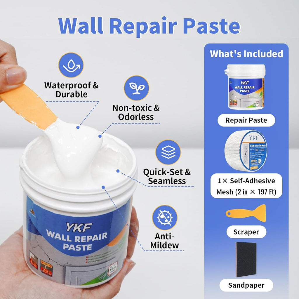 Drywall Repair Kit, 18 oz Ready to Use Quick Dry Wall Repair Paste with Scraper and Self-Adhesive Mesh, White Spackle