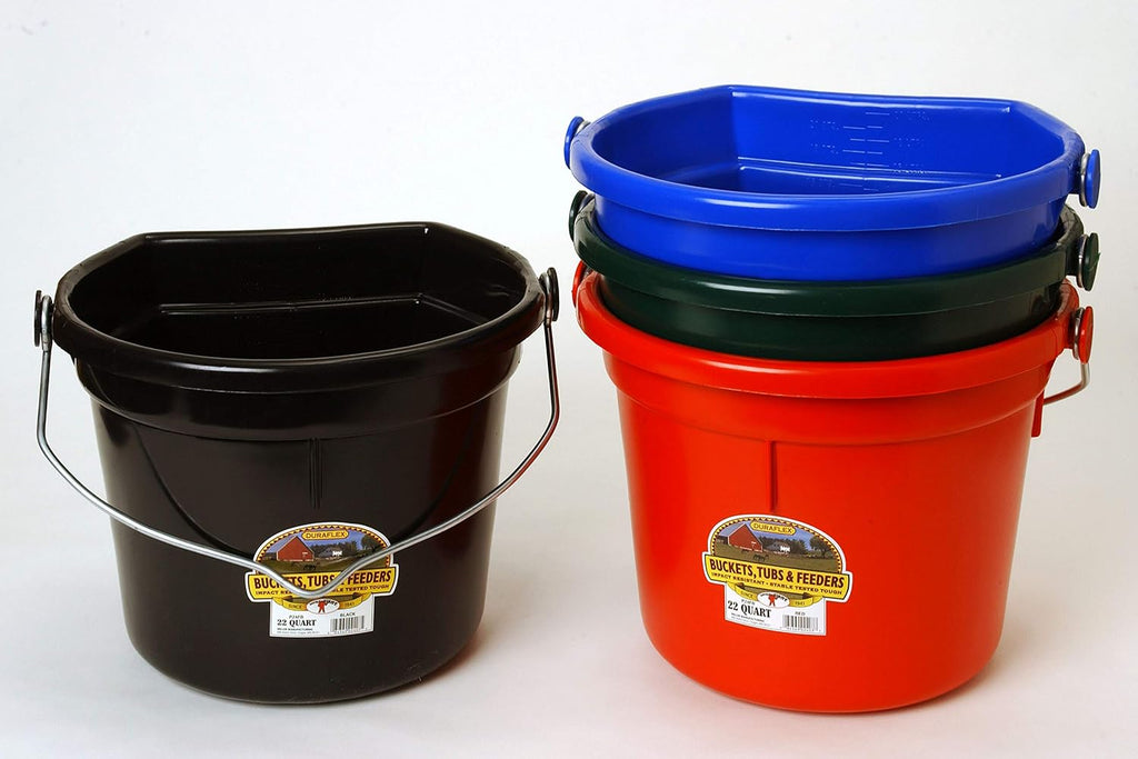 Plastic Animal Feed Bucket | Flat Back Feed Bucket with Knob Ball & Metal Handle | Made in USA | 22 Quarts | Black