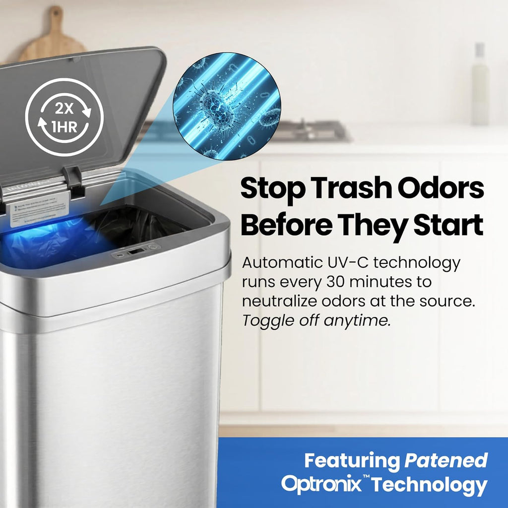 13 Gallon Odor Neutralizing Smart Trash Can, UV + Ozone Dual Purification, Odor Control Motion Sensor Garbage Bin