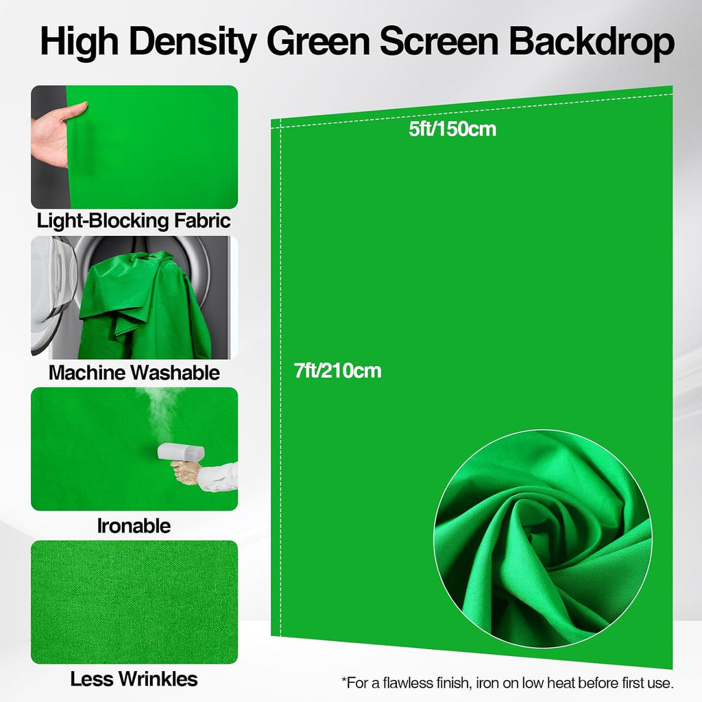 5x7 ft Green Screen Backdrop Kit with Foldable T-Shaped Stand | Portable & Compact Greenscreen Kit Includes 6 Clips