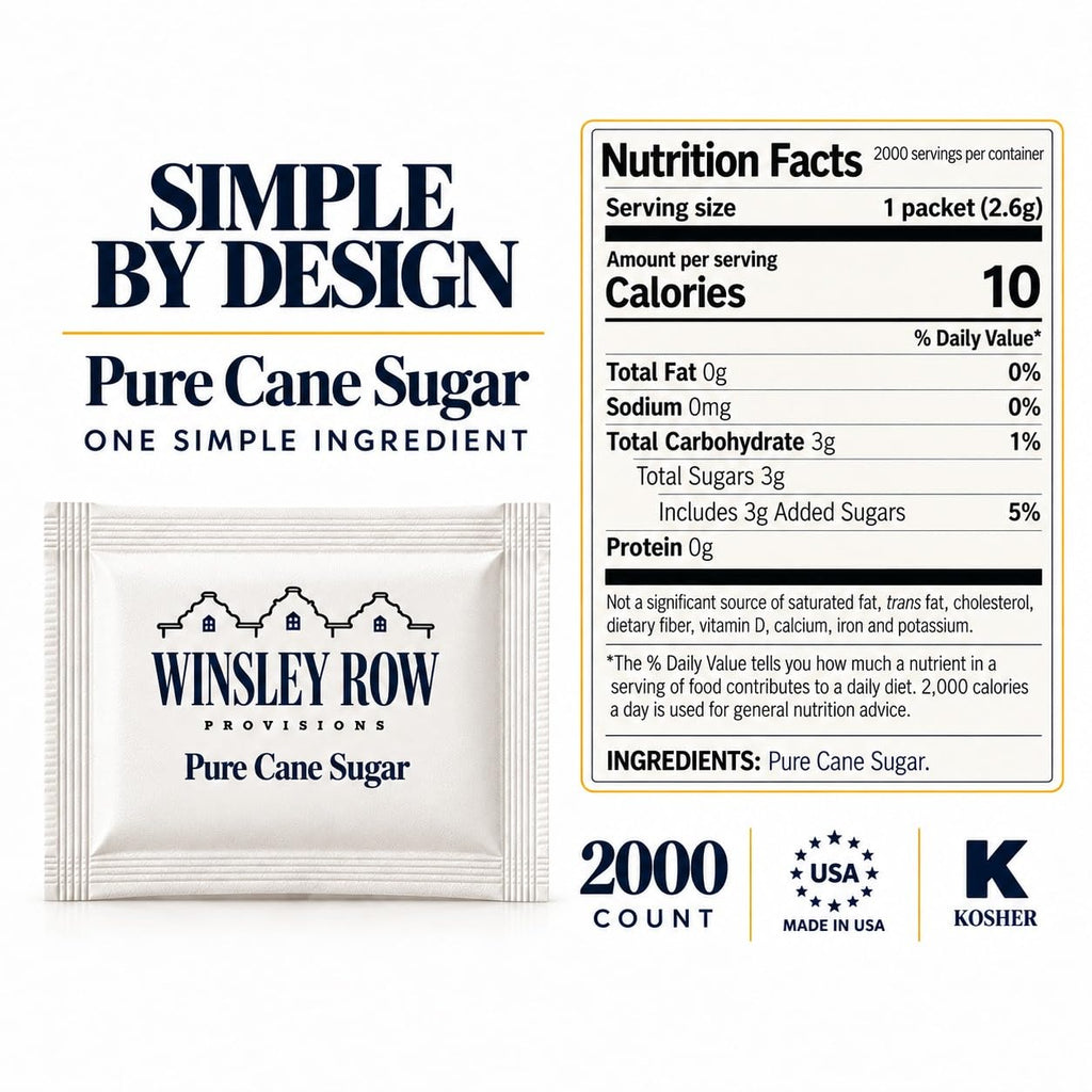 Pure Cane Sugar Packets, Individually Wrapped White Sugar, Kosher, Made in USA