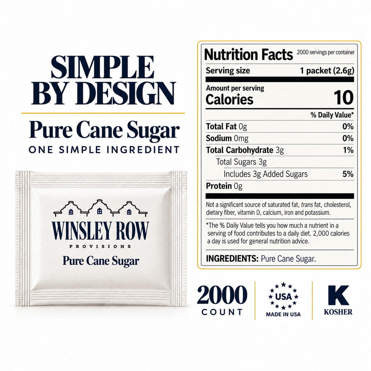 Pure Cane Sugar Packets, Individually Wrapped White Sugar, Kosher, Made in USA