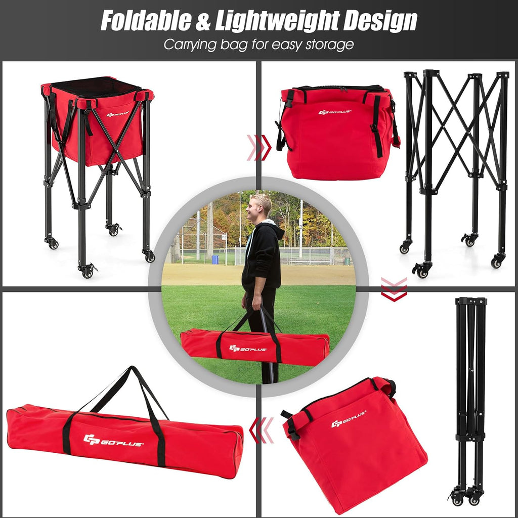 Foldable Tennis Ball Hoppers, Lightweight Aluminum Tennis Ball Basket with Wheels, Removable Bag, Side Pockets, Carry