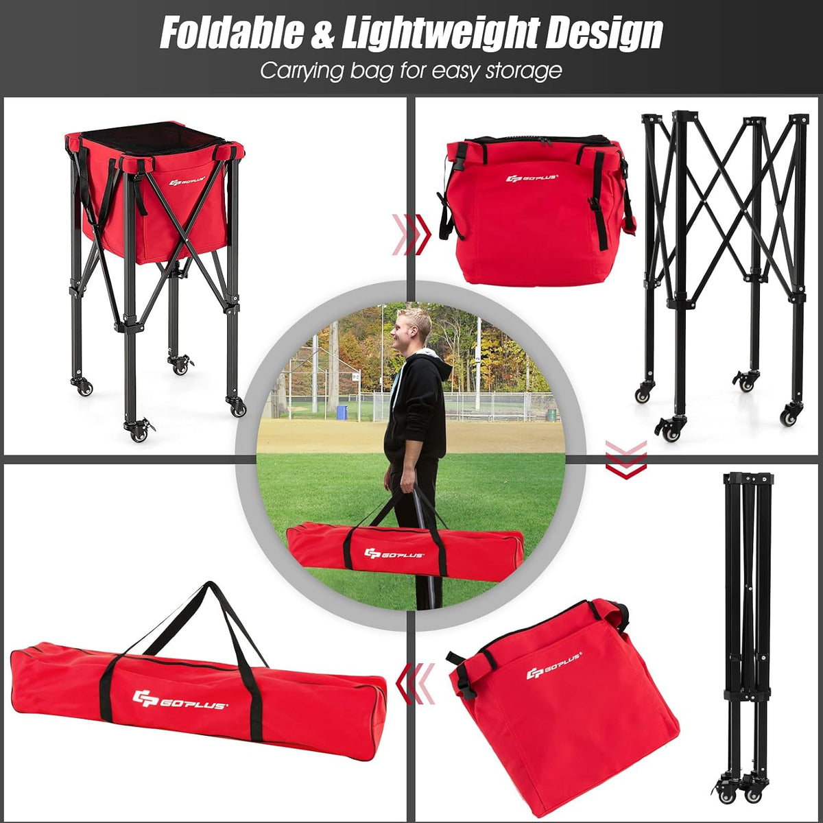 Foldable Tennis Ball Hoppers, Lightweight Aluminum Tennis Ball Basket with Wheels, Removable Bag, Side Pockets, Carry