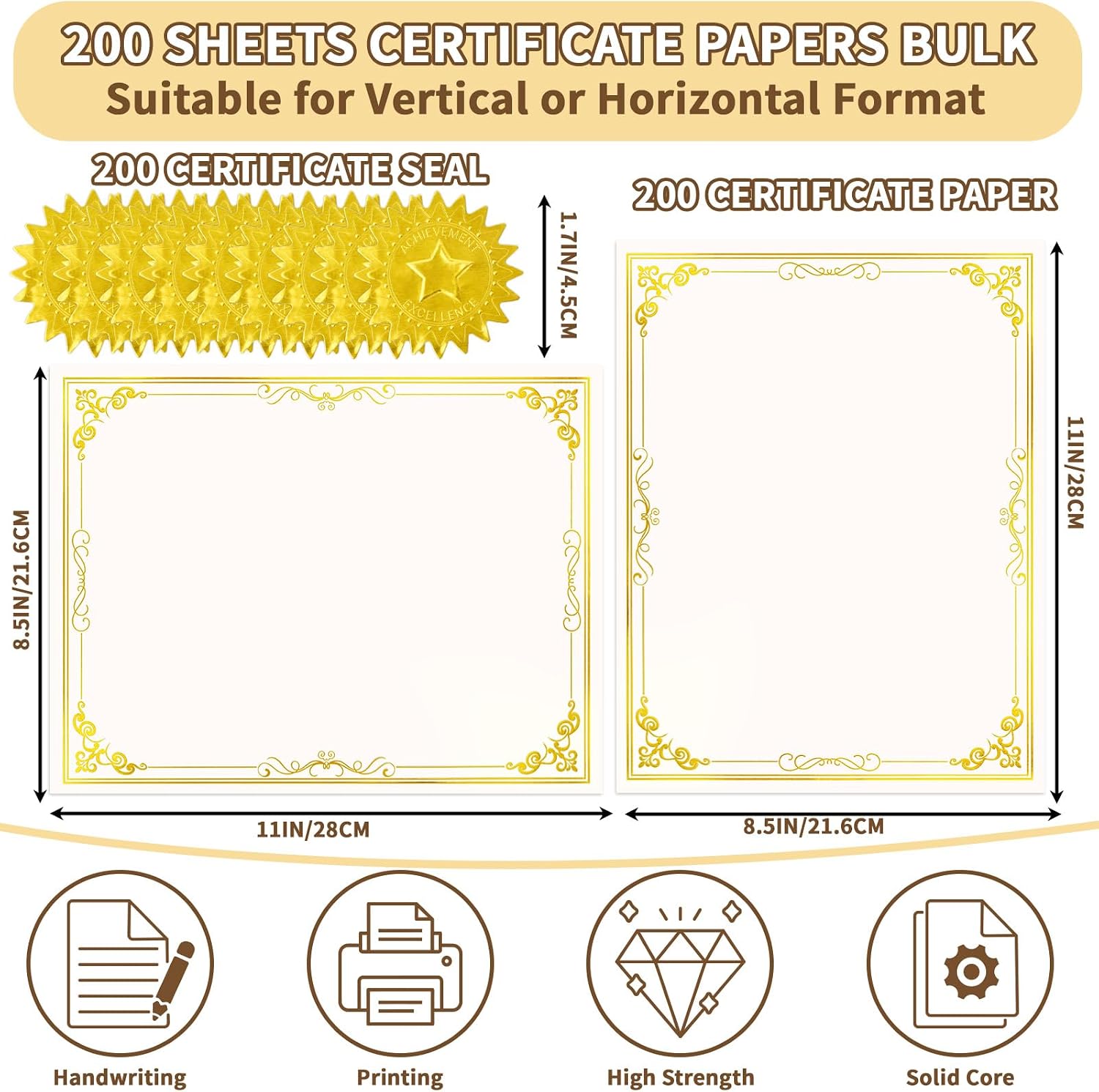 200 Sheet Gold Foil Award Certificate Paper Bulk 8.5 x 11 in for Printing Customizable Blank Cardstock Gold Border