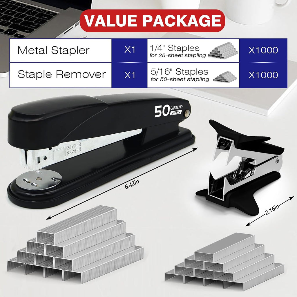 Heavy Duty Stapler, Black Stapler with Staples and Staple Remover for Desk