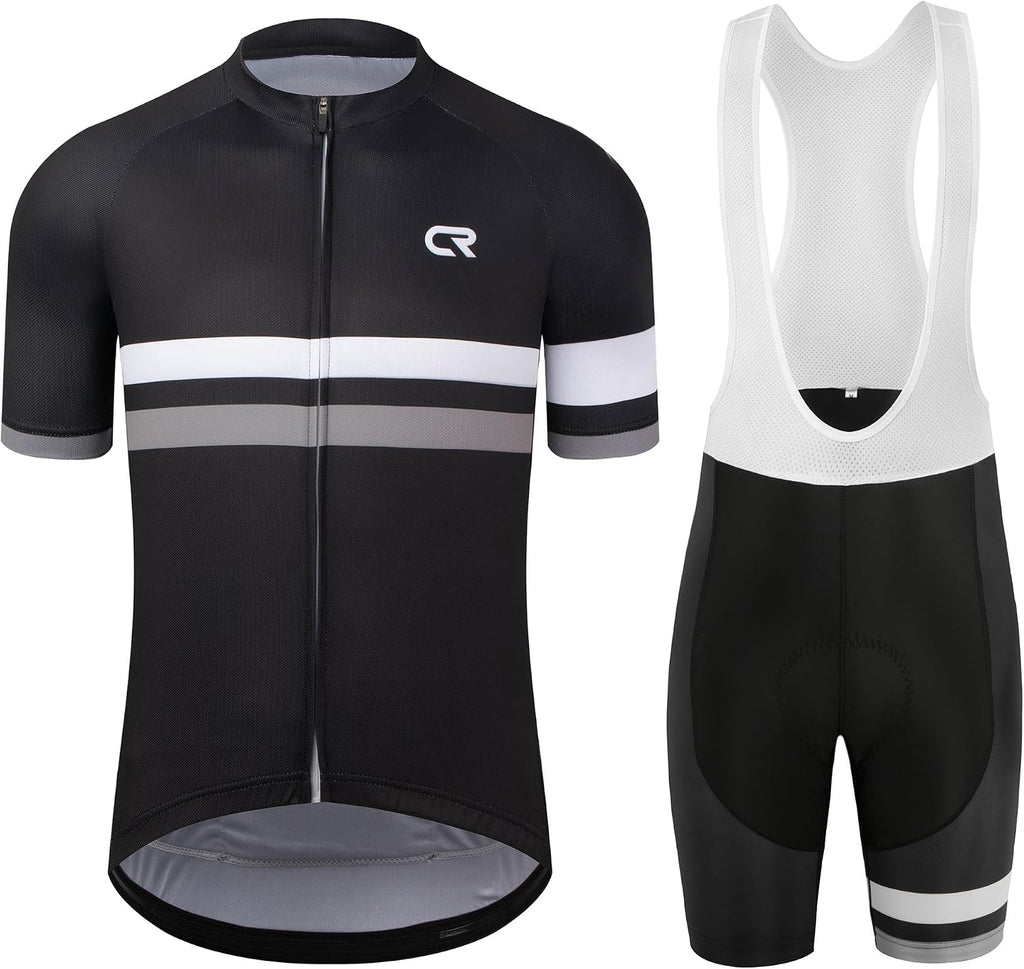 CR Men's Cycling Jersey Set Road Bike Jersey Zipper Pocket Short Sleeves Cycling Kits Bib Shorts 3D Padded