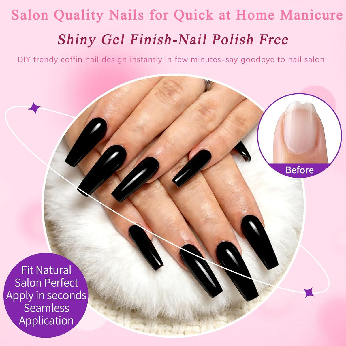 144pc Black Press on Nails Long Fake Nails Coffin Glue on Nails Press ons