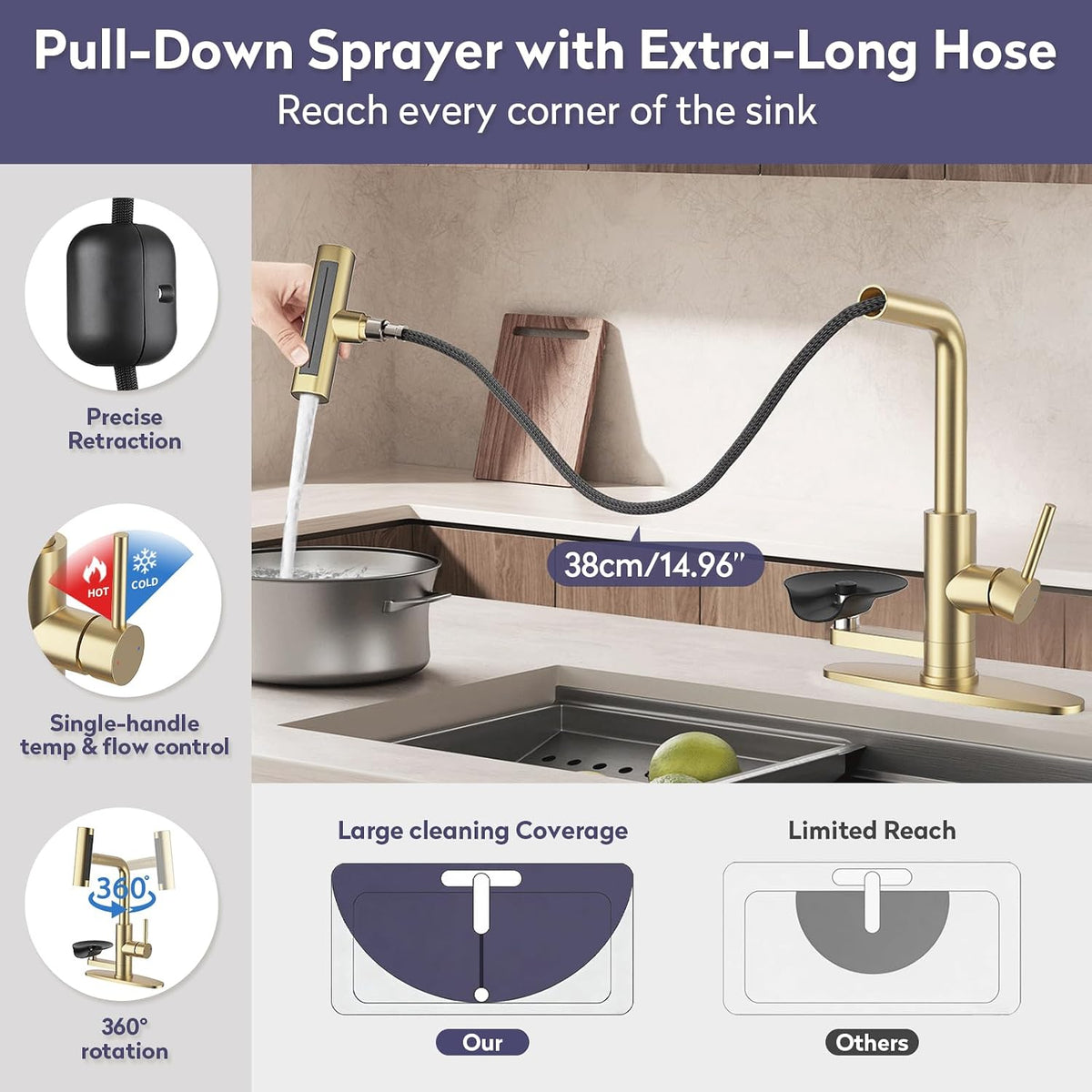Brushed Gold Kitchen Faucet with Pull Down Sprayer & Cup Washer