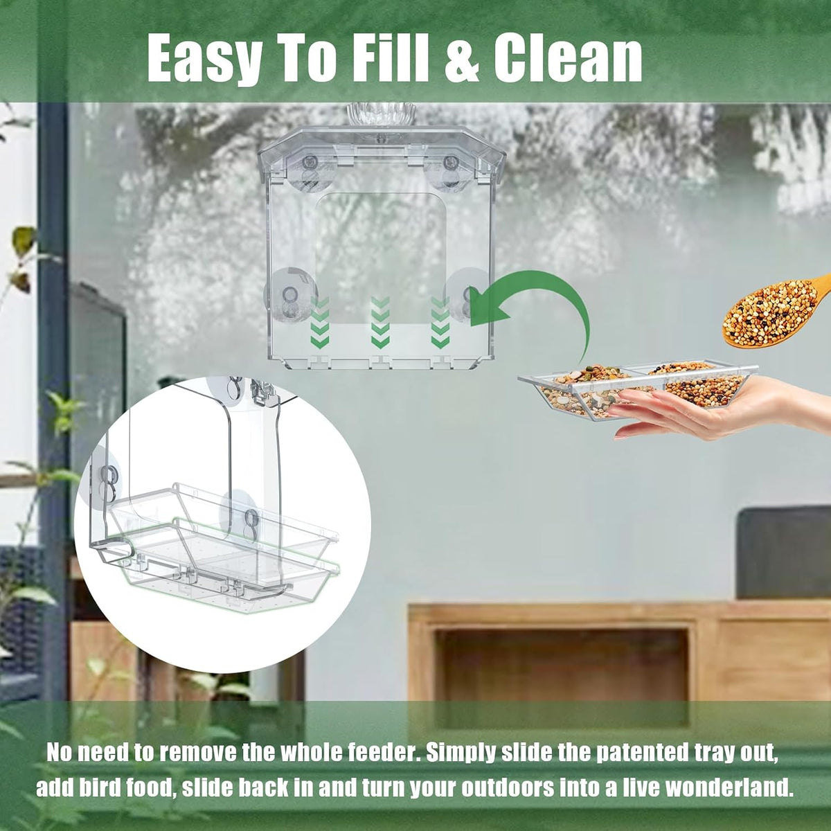 Clear Window Bird Feeder with Strong Suction Cups – Clear Bird Feeding Station with Dual Seed Tray & Water Bowl –