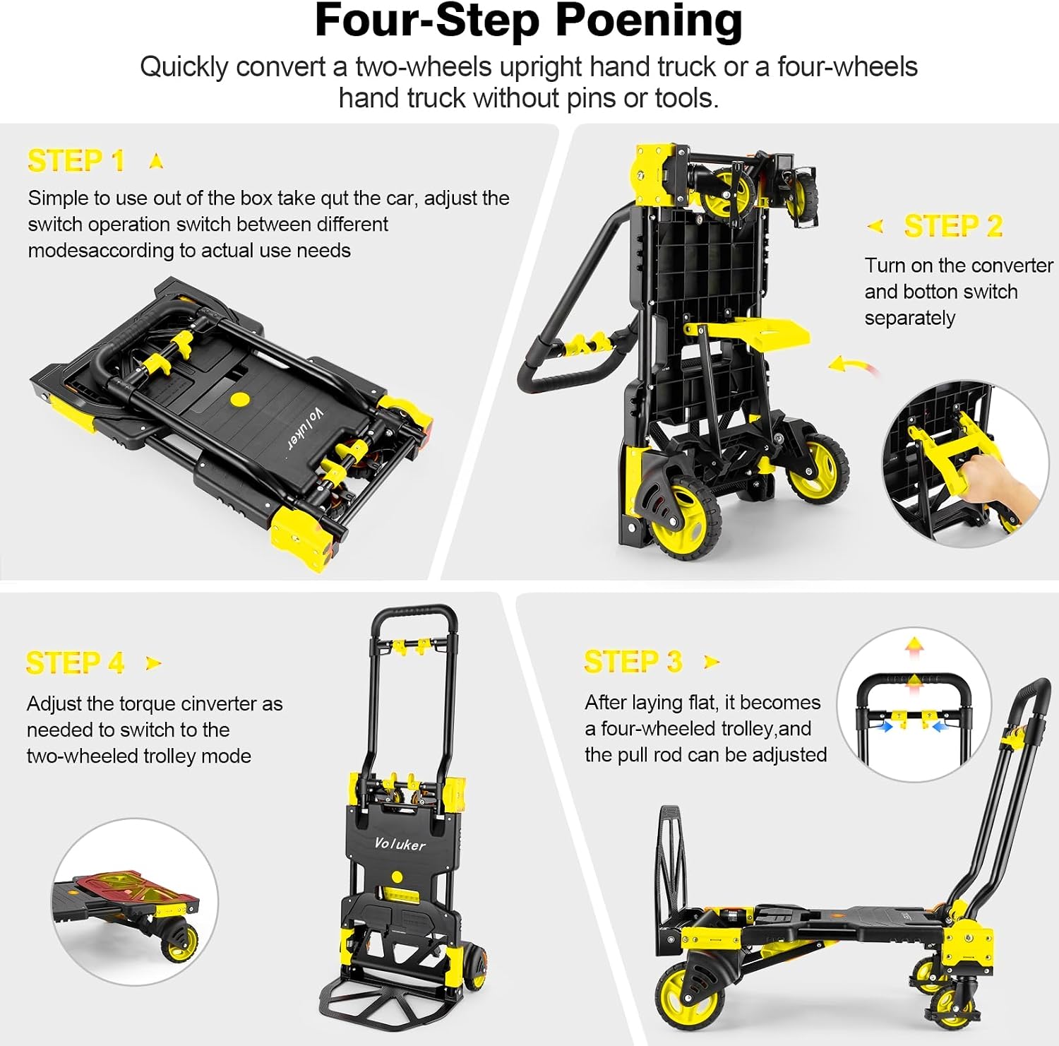 2-in-1 Foldable Hand Truck Dolly,330lb Cart Retractable,4& 2 Wheel,Yellow | Aluminum alloy,5in flat-free rubber