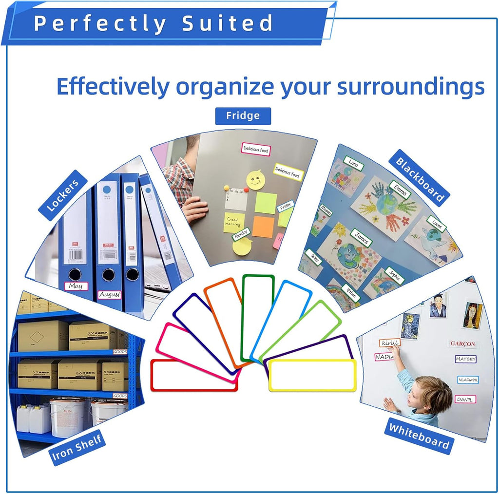 72PCS Magnetic Dry Erase Labels, 3.2"x1.2" Reusable Colorful Name Plates, Waterproof Magnetic Label Stickers for