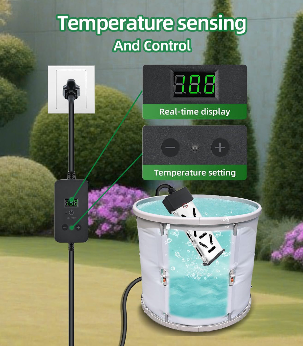 Immersion Water Heater 1800W, Portable Mini Pool Heater, Bucket Heater, Adjustable Thermostat, Real Time Temperature