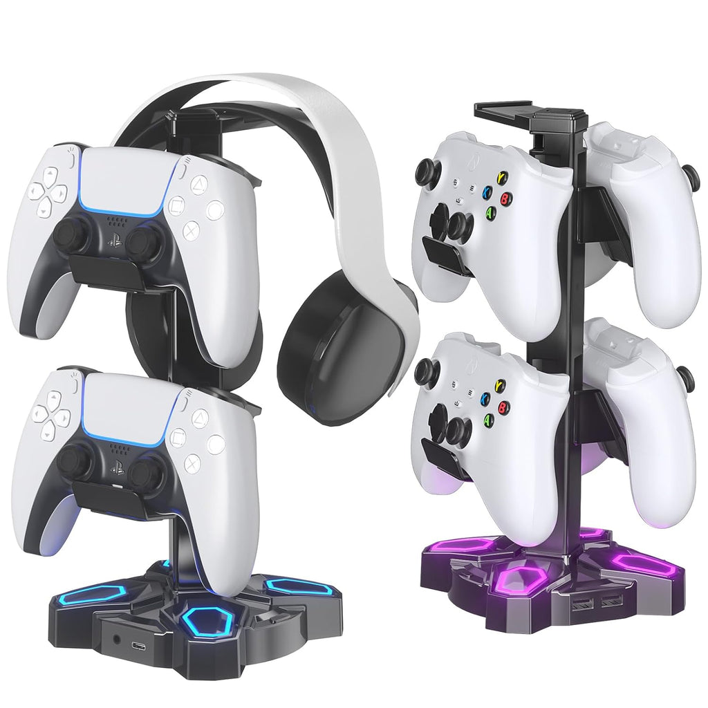 Gaming Headphones Stand, Rotatable Headset Stand with Light Modes - Controller Holder with 2 USB Charging Ports and