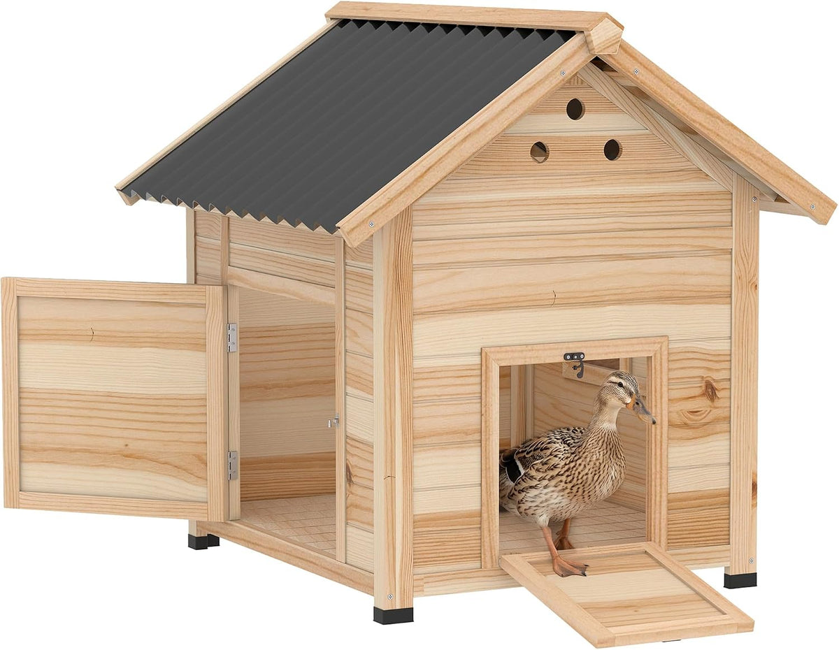 Duck Coop, Wooden Duck House, Outdoor Small Animal House with Openable Roof, Double Doors, Removable Base for 1-3