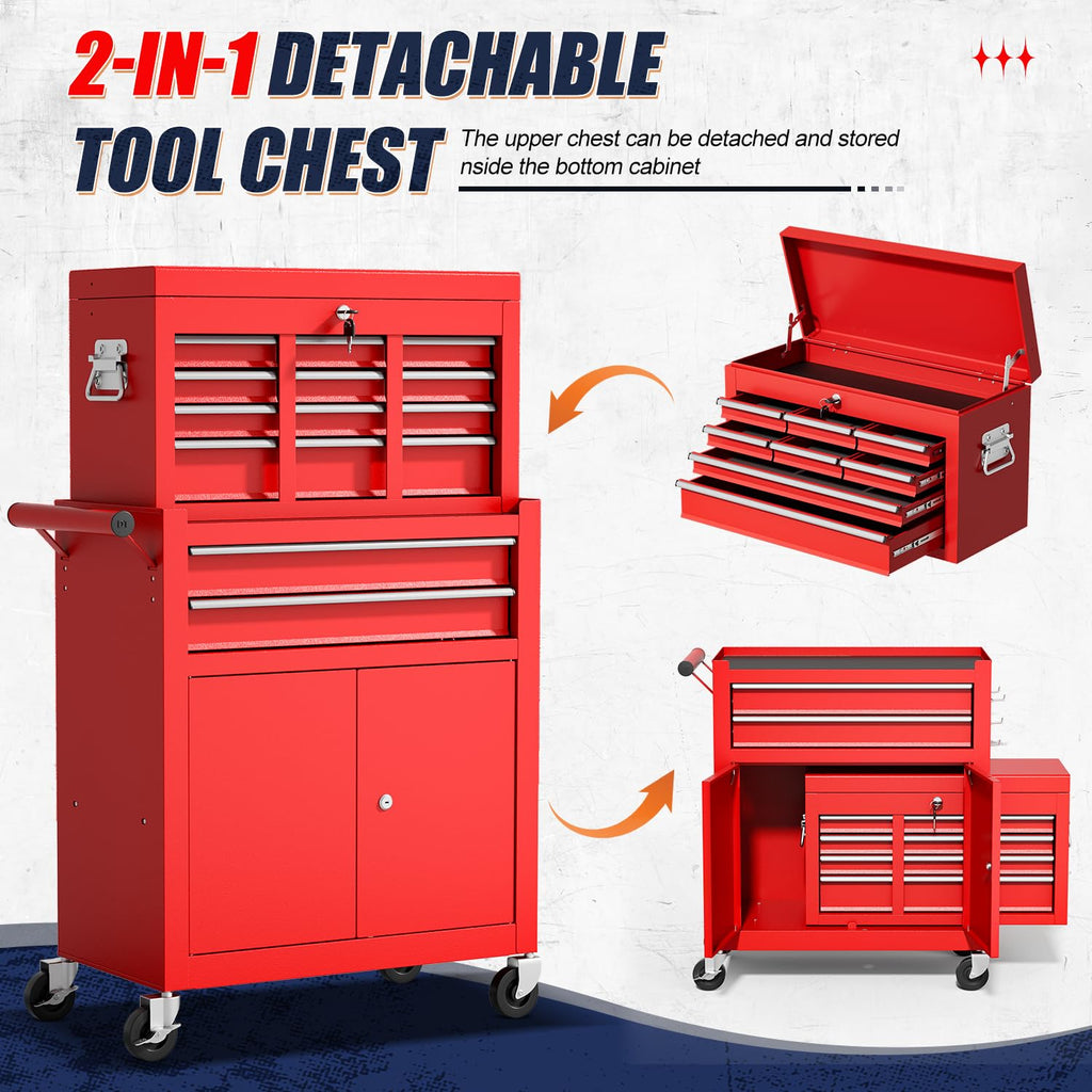 10-Drawer Rolling Tool Chest with wheels, Lockable 2-in-1 Tool Box