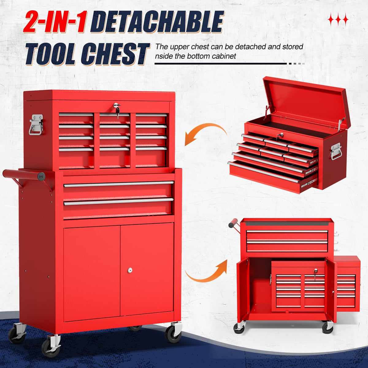 10-Drawer Rolling Tool Chest with wheels, Lockable 2-in-1 Tool Box