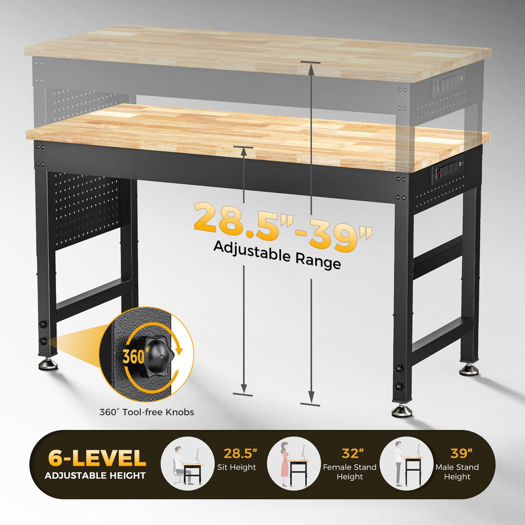 48" Adjustable Workbench, 2000LBS Max Load, Pegboard & Power Strip