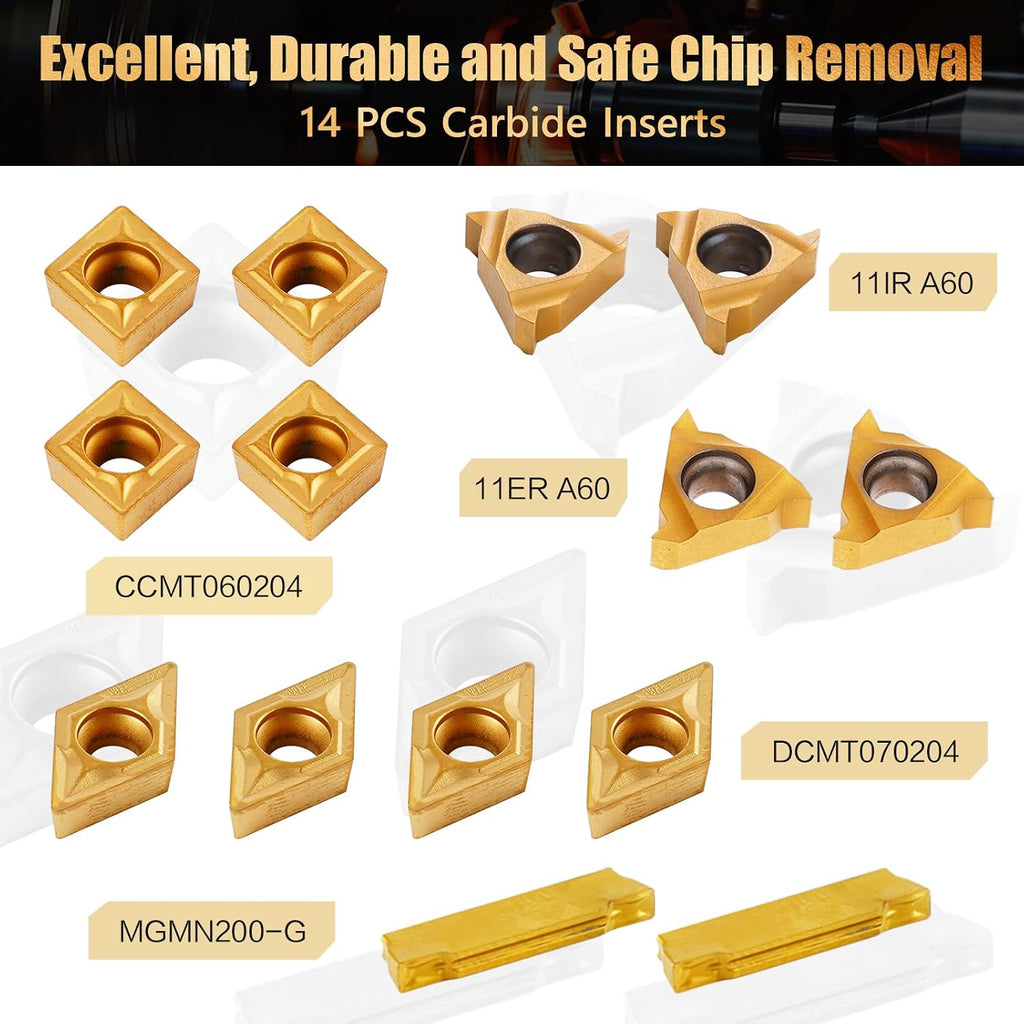 Indexable Lathe Turning Tool 21Pcs Kit 3/8" (10mm) Shank for Metal
