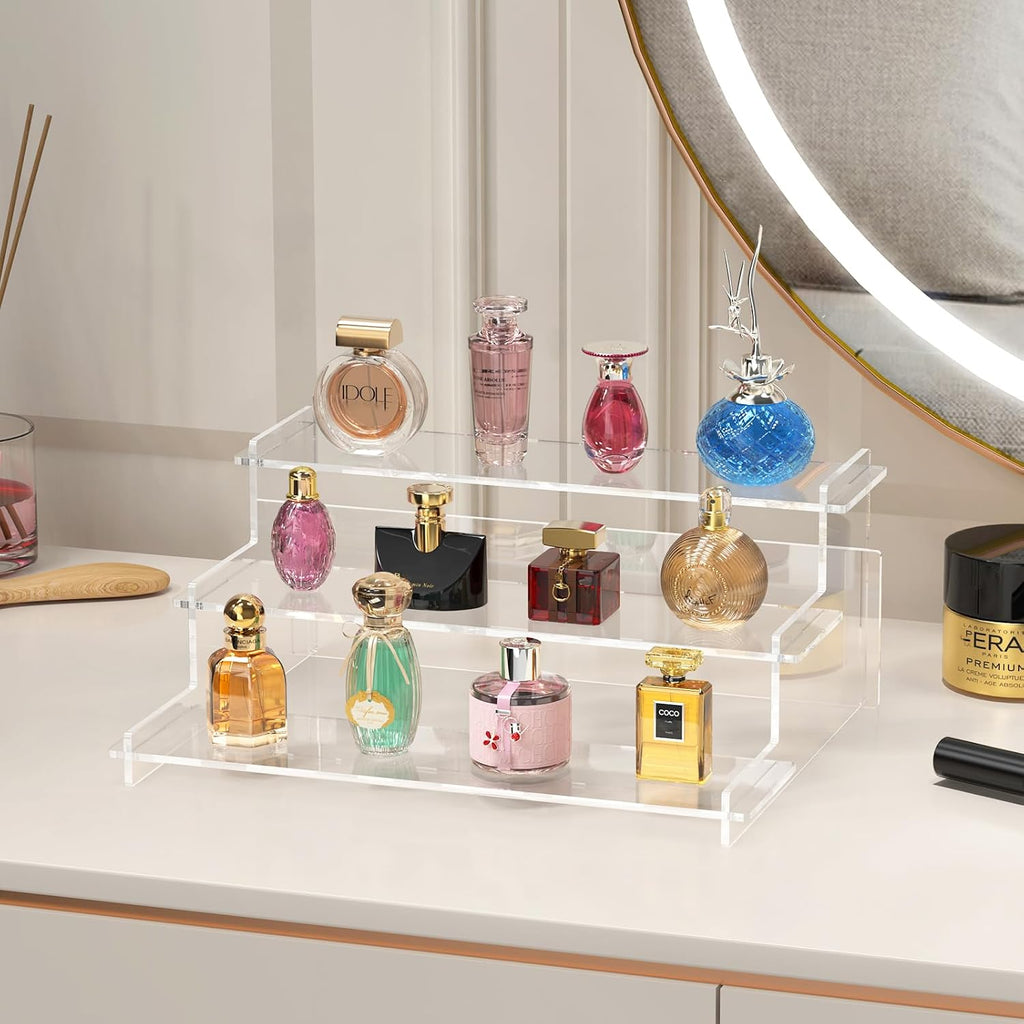 Acrylic Risers Display Stand, 3 Tier Cupcake Holder, Perfume Organizer | Clear Display Shelf for Figures and