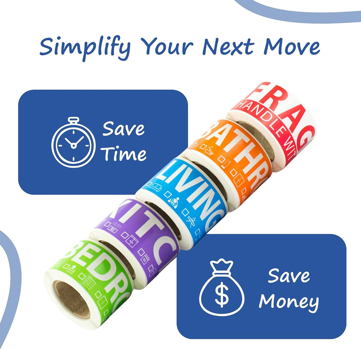 250 Home Moving Labels for 1 Bedroom — 5 Color-Coded Room Labels (50 Each) + Fragile Stickers for Moving Boxes
