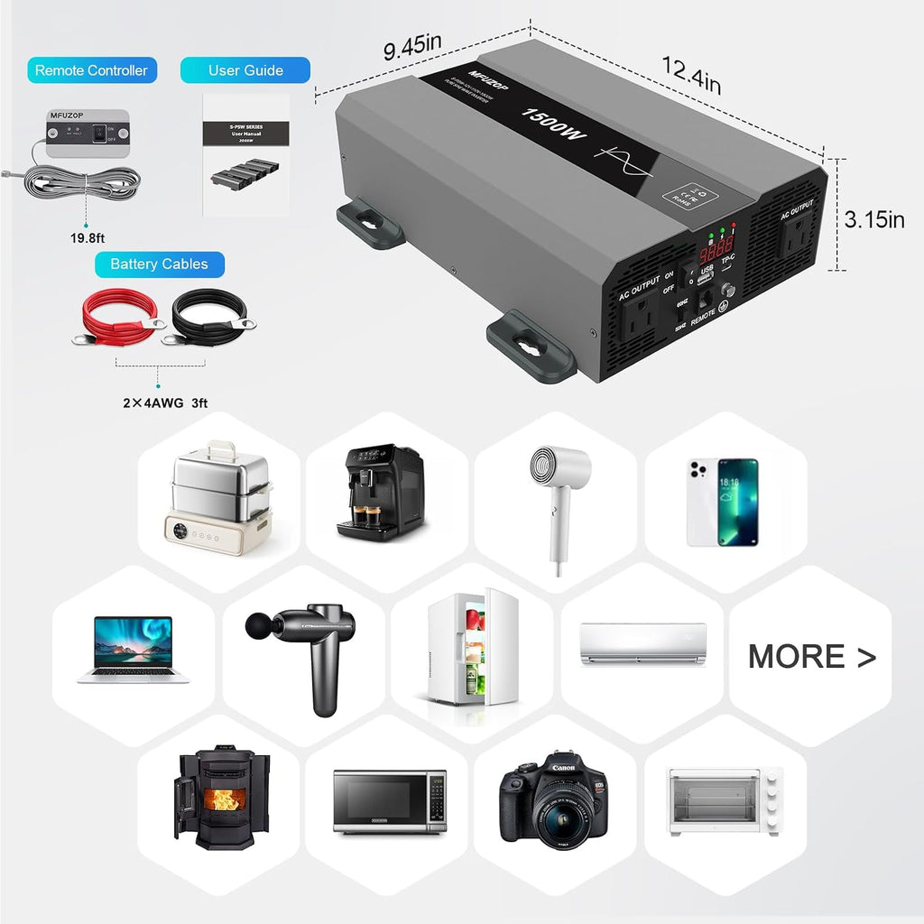 Pure Sine Wave Inverter 1500W Power 12V DC to 110V 120V AC Converter 3000W Peak Power Inverter with Dual AC Outlets