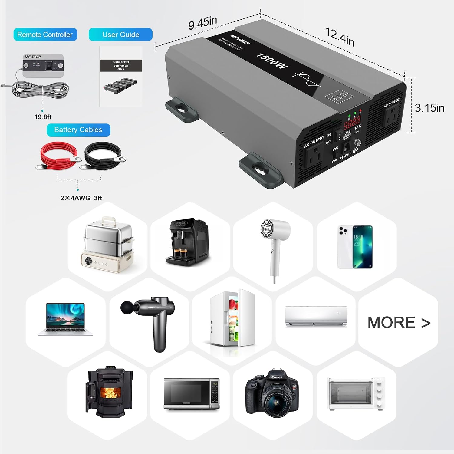 Pure Sine Wave Inverter 1500W Power 12V DC to 110V 120V AC Converter 3000W Peak Power Inverter with Dual AC Outlets