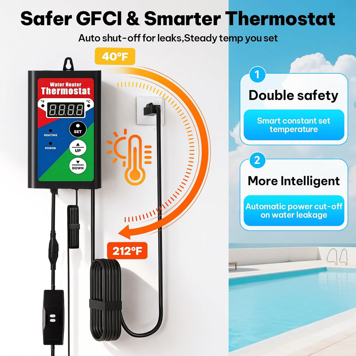 2000W Immersion Water Heater with GFCI & Thermostat | Fast-Heating Portable Pool Heater for Above Ground