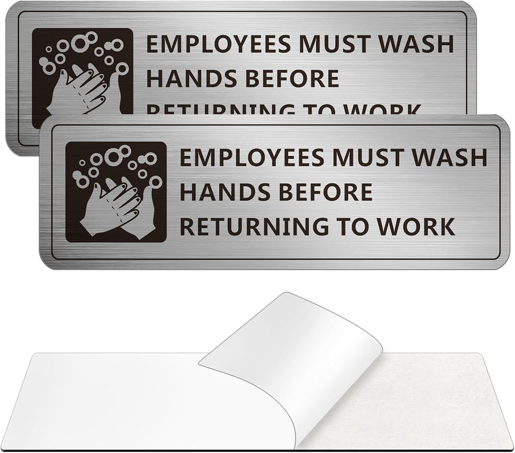Employees Must Wash Hands Sign, (2 Pack) Self-adhesive Metal Signage for Office Bathroom, 9 x 3 Inch Waterproof