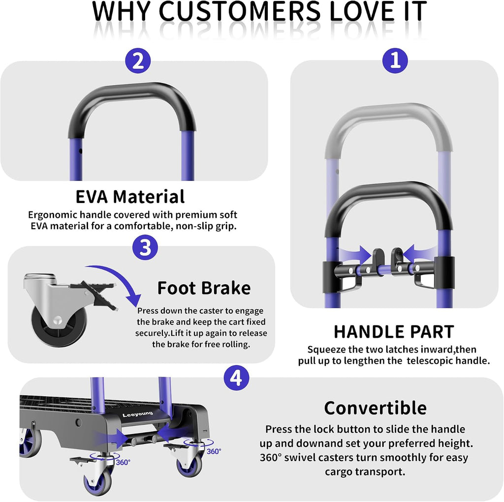 3-in-1 Folding Hand Truck – 330lbs Portable Dolly cart with Adjustable Handle,360° Swivel Casters & One-Touch Parking