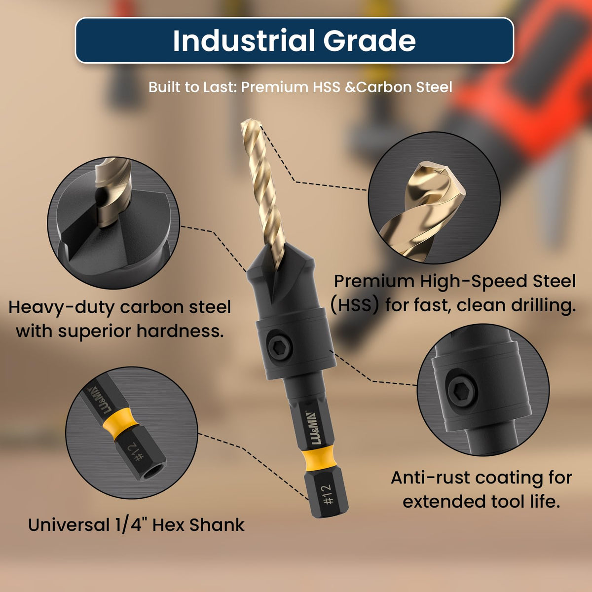 LU&MN Countersink Drill Bit Set, 1/4" Hex Shank, 14 Pcs