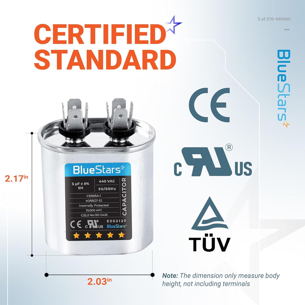 [2025 Upgraded] BlueStars 5 uF MFD ±5% 370-440VAC Oval Run Capacitor