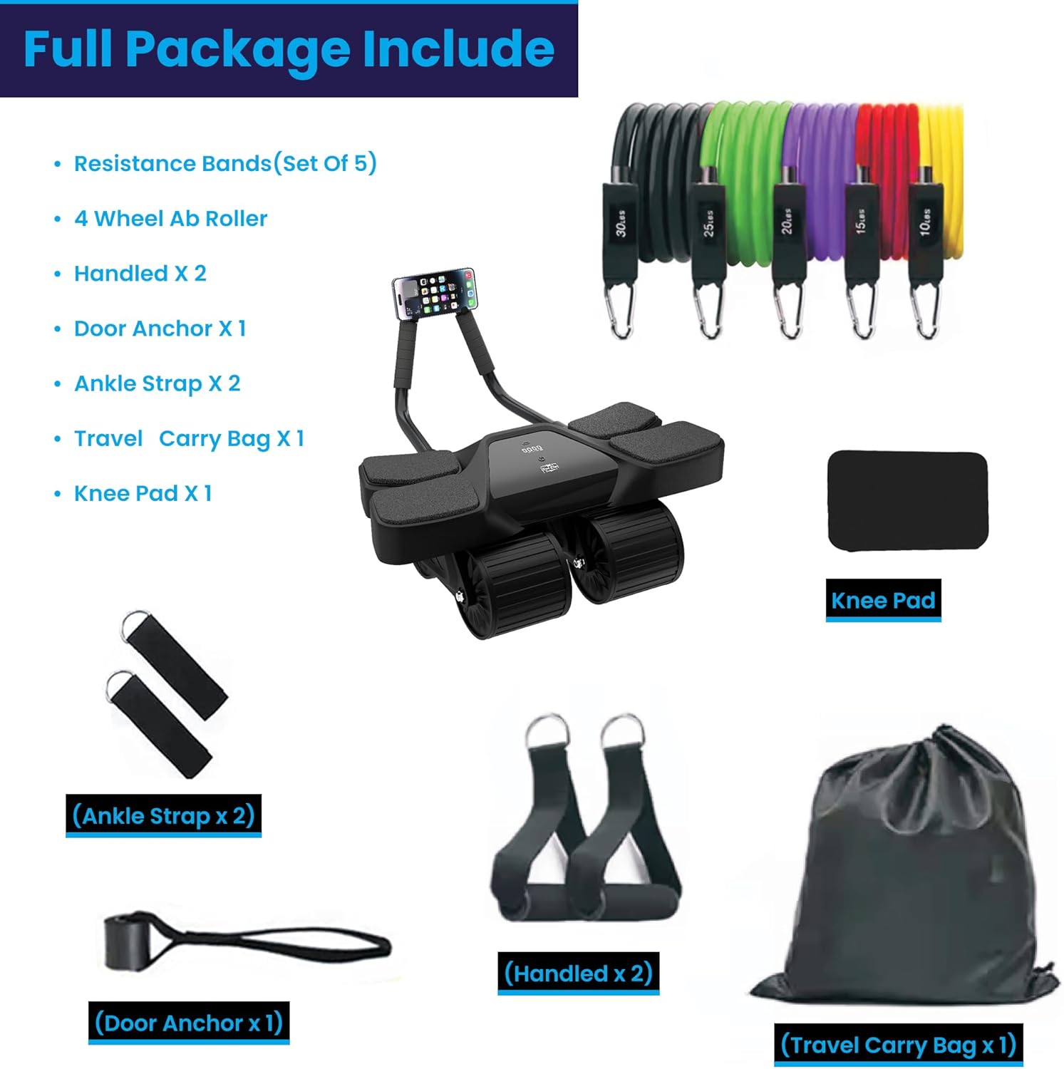 Ab Roller Home Gym Equipment – 4 Wheels Ab Wheel Muscle Roller with Built-in Tracker , 5Pcs Resistance Bands, Ankle