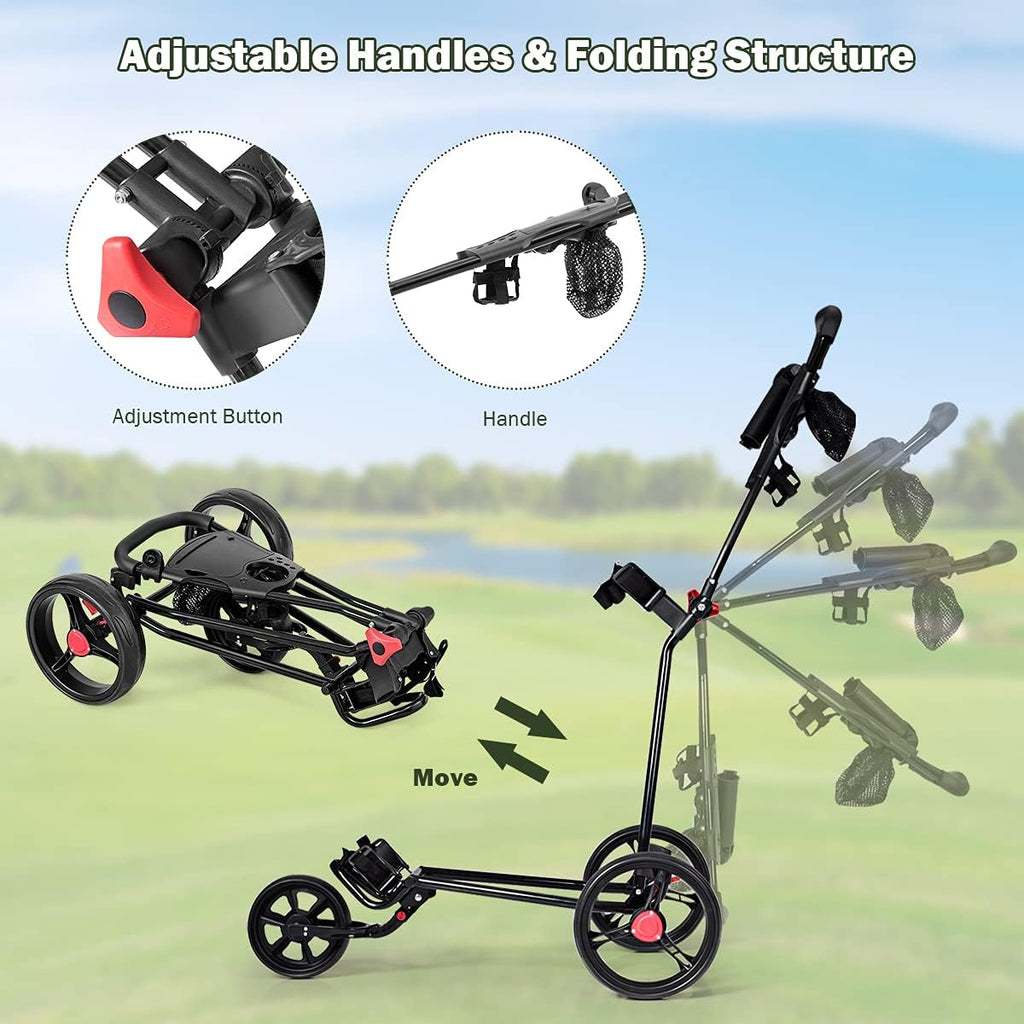Folding Golf Push Cart, 3 Wheel Adjustable Golf Pull Trolley with Cup Holder, Umbrella Holder, Rare Wheel Foot Brake