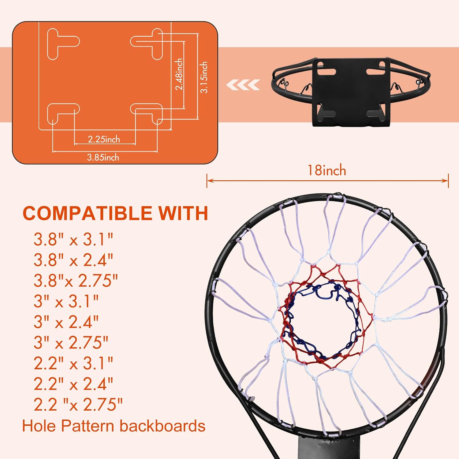 Basketball Rim Goal 18 ", Replacement Basketball Rim Goal Hoop Net for Indoor Outdoor