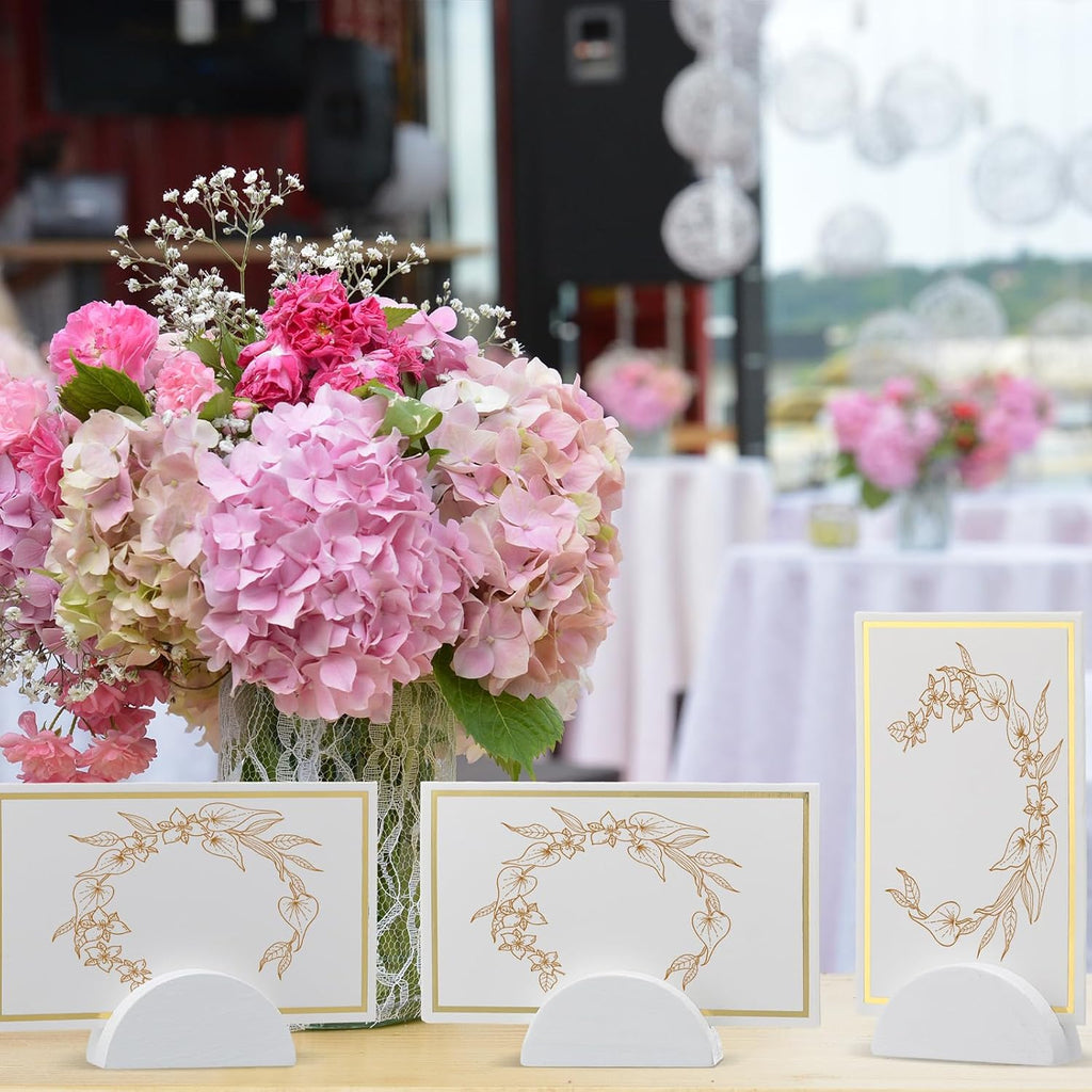 24 Pcs Wooden Table Number Stands with Tented Cards,White | Place Card Holders for Weddings, Semicircle Wood Base
