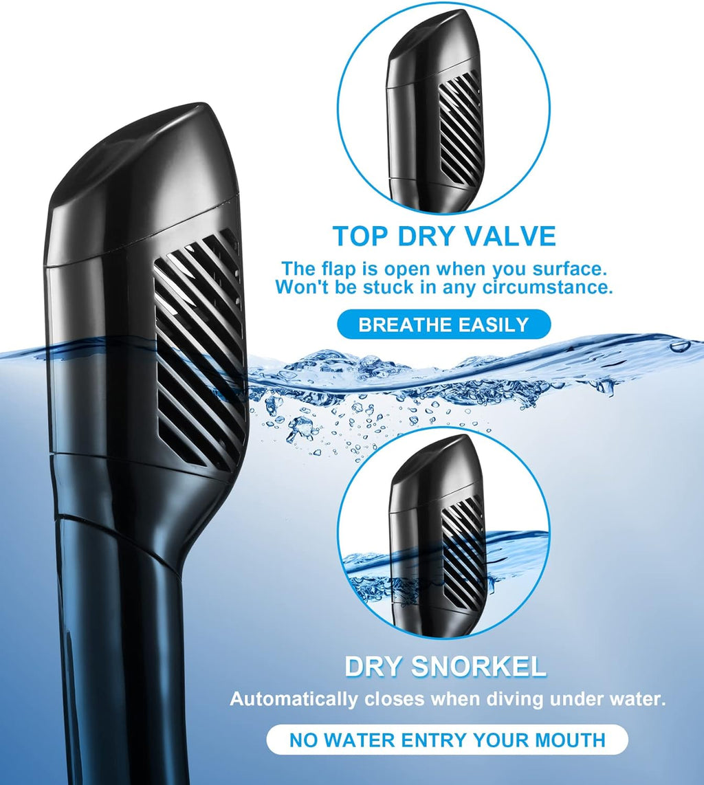 Snorkeling Gear for Adult Kid - Anti-Fog Mask with Top Dry Valve | Panoramic View Anti-Leak Snorkel Set with Travel