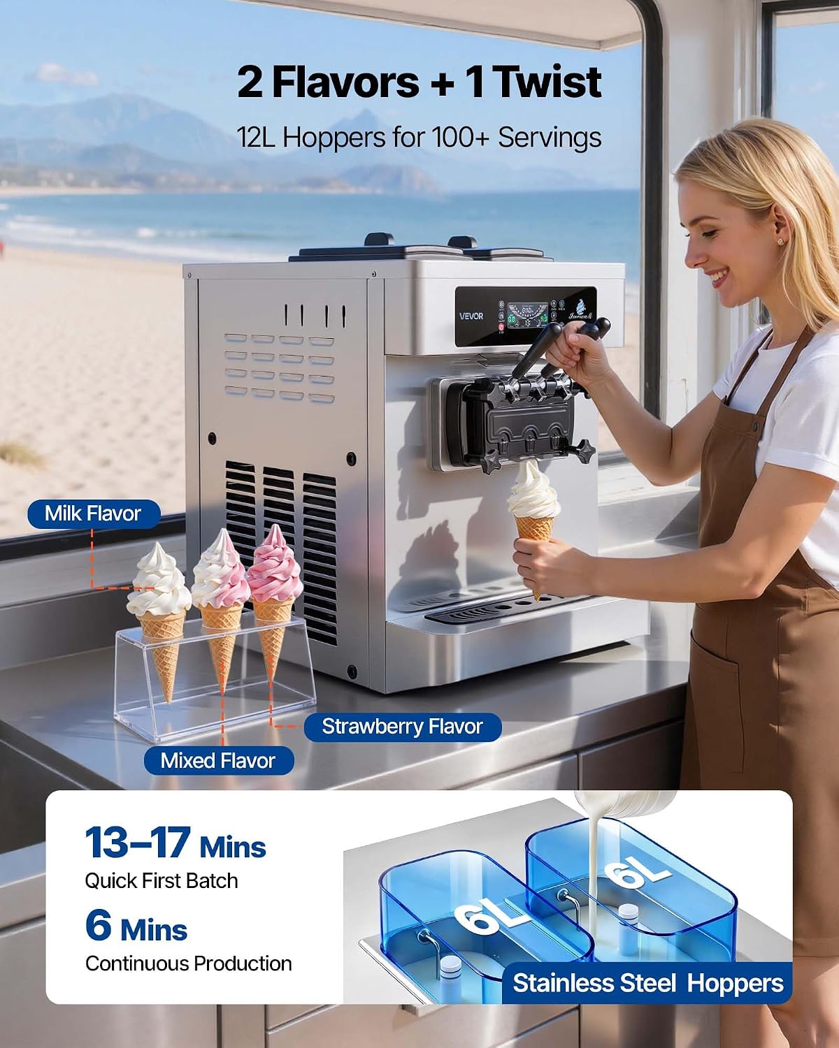 Commercial Ice Cream Machine, 20-28L/H Yield, 2200W 3-Flavor Countertop Soft Serve Ice Cream Maker with 2 x 6L