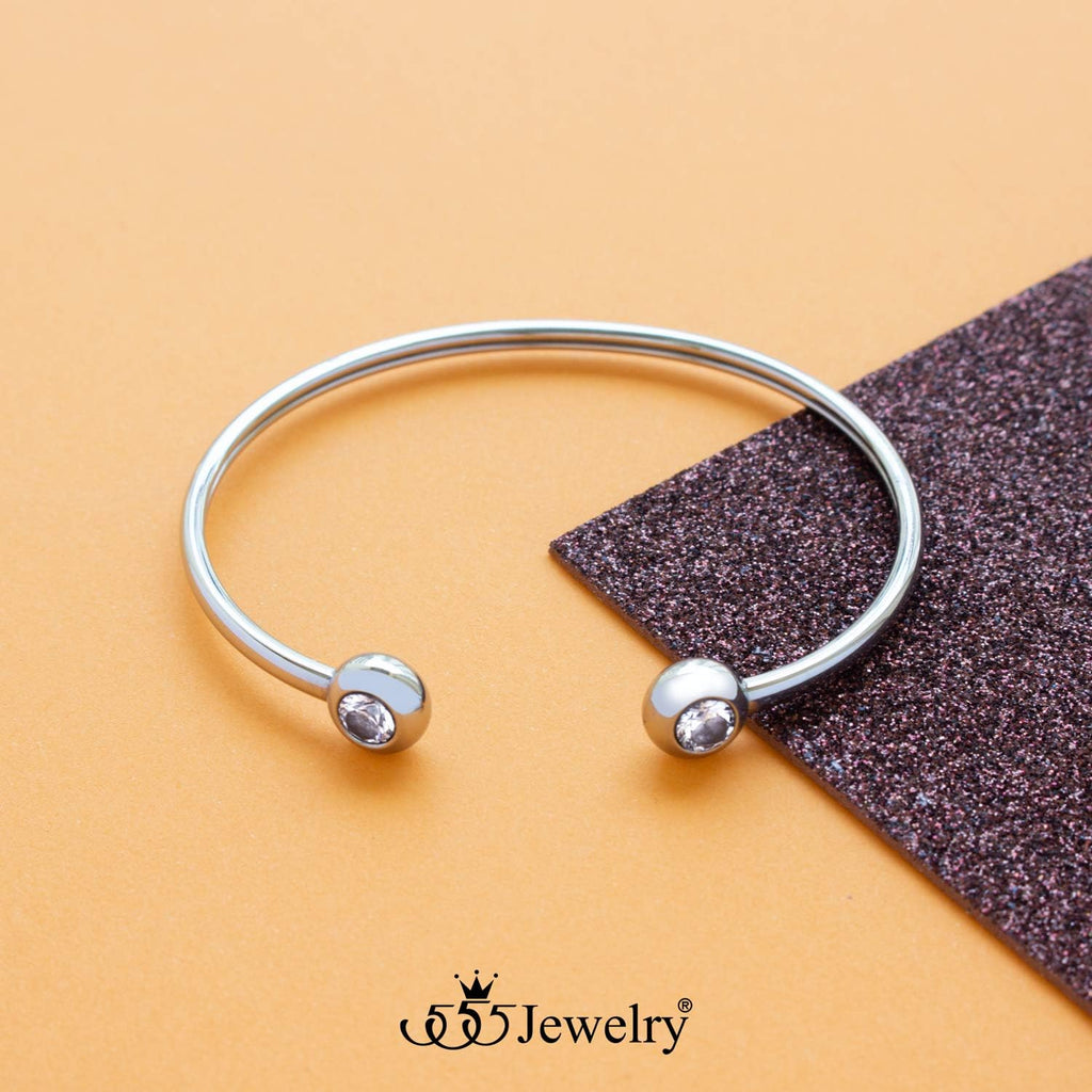 Stainless Steel Open Cuff Bangle CZ Bead Bracelet for Women & Ladies