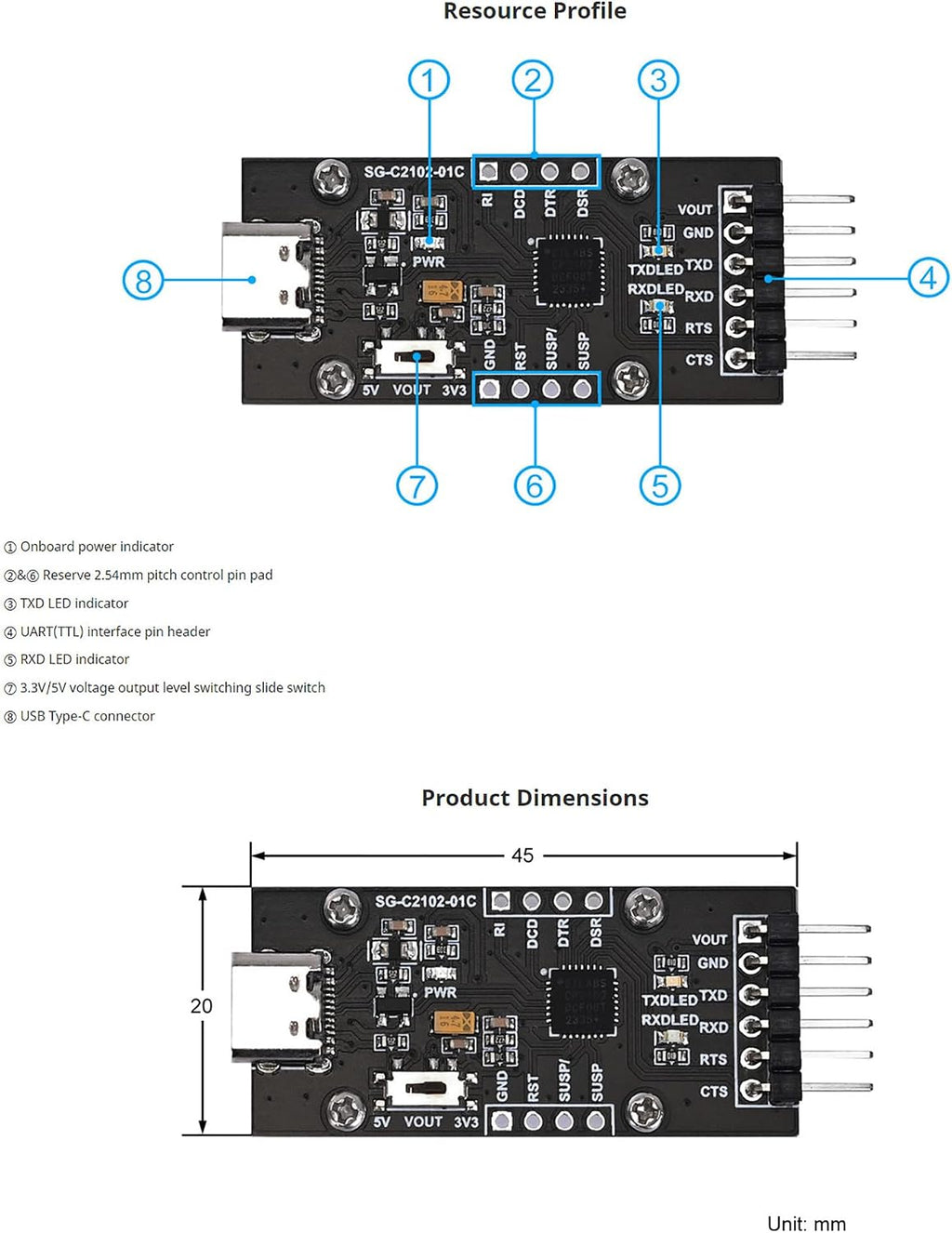 CP2102 USB to UART Serial Converter Module, Type-C Interface, 3.3V/5V Switchable, with CTS/RTS Flow Control, Compatible with Windows, Linux, Mac OS, for Arduino, Raspberry Pi