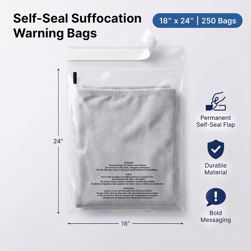18" X 24" (250 Count) Self Seal Clear Poly Bags with Suffocation Warning