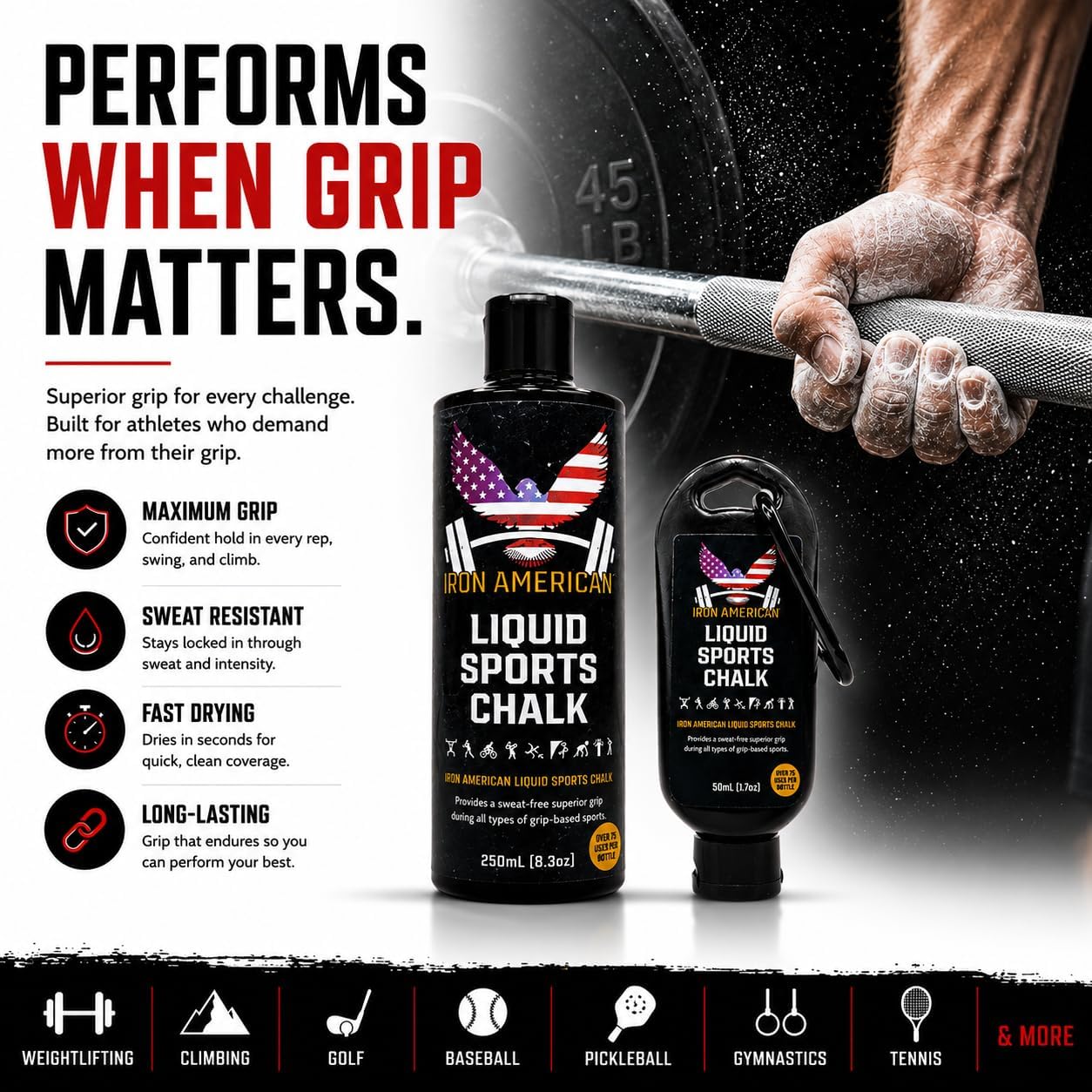 Liquid Chalk - No-Mess Long-Lasting Grip Chalk for Weightlifting, Gymnastics, Rock Climbing, and Fitness Training