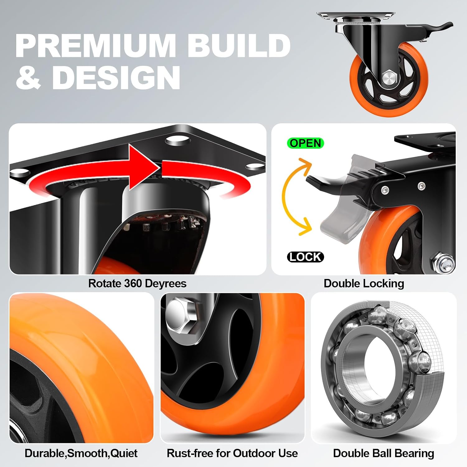 5 Inch Heavy Duty Orange Caster Wheel Set of 4,Dual Brake, Silence | Floor Protection, Stable Braking, Easy